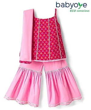 Babyoye Cambric Woven Sleeveless Kurta Gharara Set with Dupatta & Lace Detailing - Dark Pink & Pink